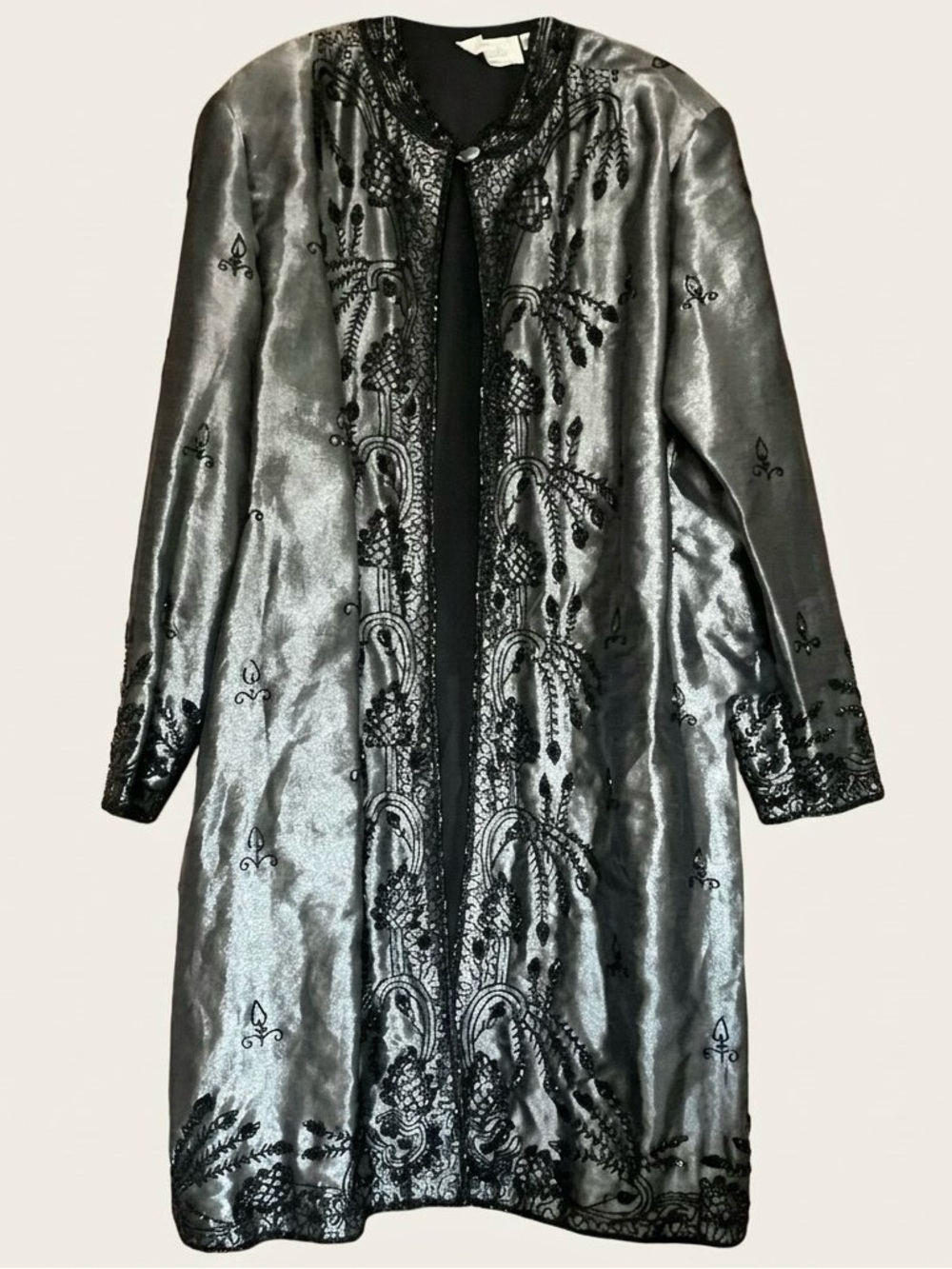 Vintage Metallic Silver Grey Lamé Beaded Embroidered Floral Duster Jacket Sixzee